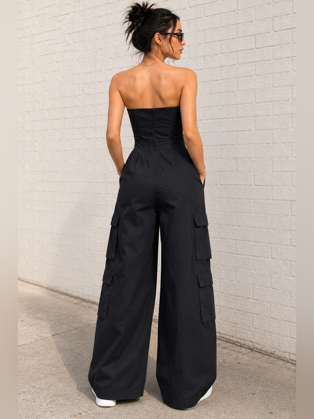 J for Justify Cargo Black Strapless Jumpsuit Women’s Large NWT Wide Leg - Picture 3 of 12